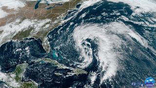 Satellite image showing Subtropical Storm Nicole swirling east of Florida.